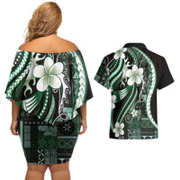 Samoa Siapo Tribal Pattern Couples Matching Off Shoulder Short Dress and Hawaiian Shirt Forest Green Polynesian Plumeria Tapa Motif