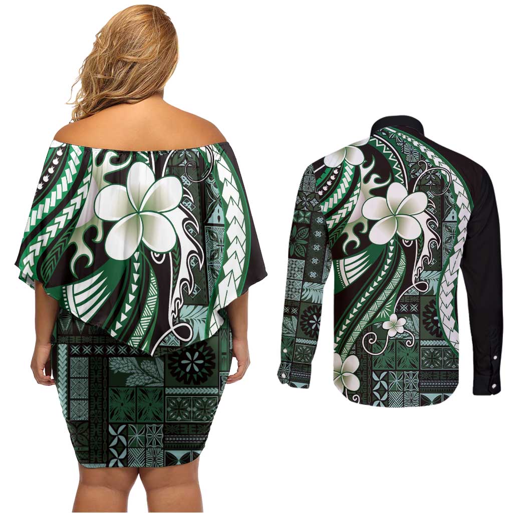 Samoa Siapo Tribal Pattern Couples Matching Off Shoulder Short Dress and Long Sleeve Button Shirt Forest Green Polynesian Plumeria Tapa Motif