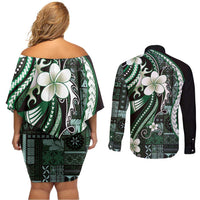 Samoa Siapo Tribal Pattern Couples Matching Off Shoulder Short Dress and Long Sleeve Button Shirt Forest Green Polynesian Plumeria Tapa Motif