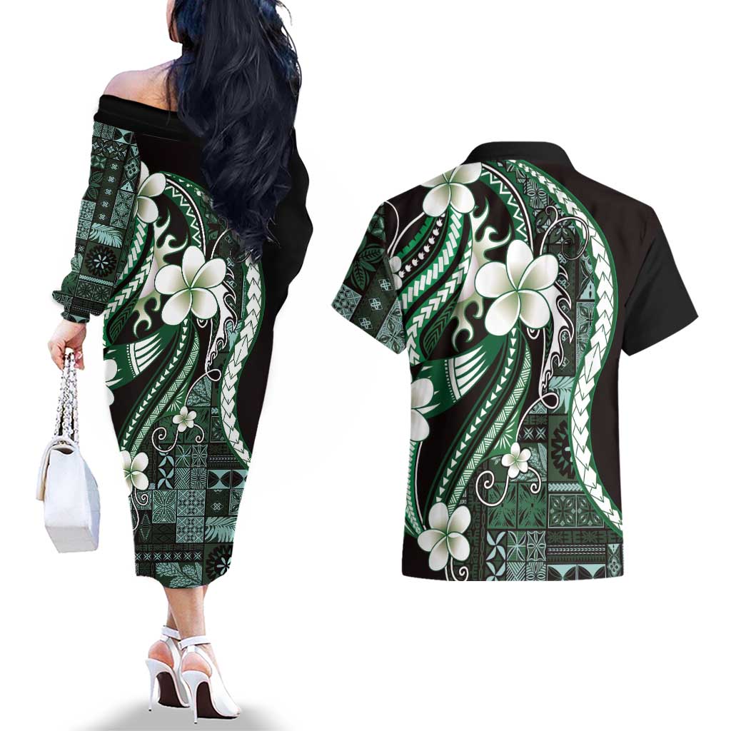 Samoa Siapo Tribal Pattern Couples Matching Off The Shoulder Long Sleeve Dress and Hawaiian Shirt Forest Green Polynesian Plumeria Tapa Motif LT9 - Polynesian Pride