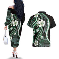 Samoa Siapo Tribal Pattern Couples Matching Off The Shoulder Long Sleeve Dress and Hawaiian Shirt Forest Green Polynesian Plumeria Tapa Motif LT9 - Polynesian Pride
