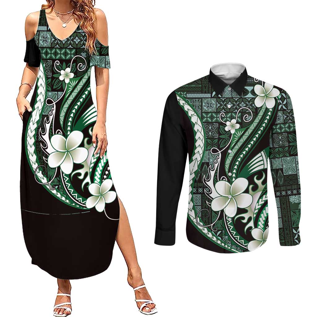 Samoa Siapo Tribal Pattern Couples Matching Summer Maxi Dress and Long Sleeve Button Shirt Forest Green Polynesian Plumeria Tapa Motif