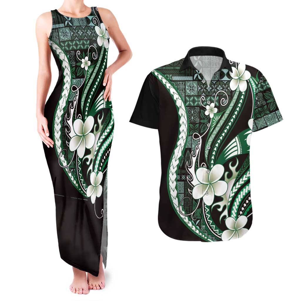 Samoa Siapo Tribal Pattern Couples Matching Tank Maxi Dress and Hawaiian Shirt Forest Green Polynesian Plumeria Tapa Motif