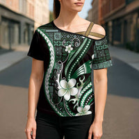 Samoa Siapo Tribal Pattern Cross Shoulder Shirt Forest Green Polynesian Plumeria Tapa Motif