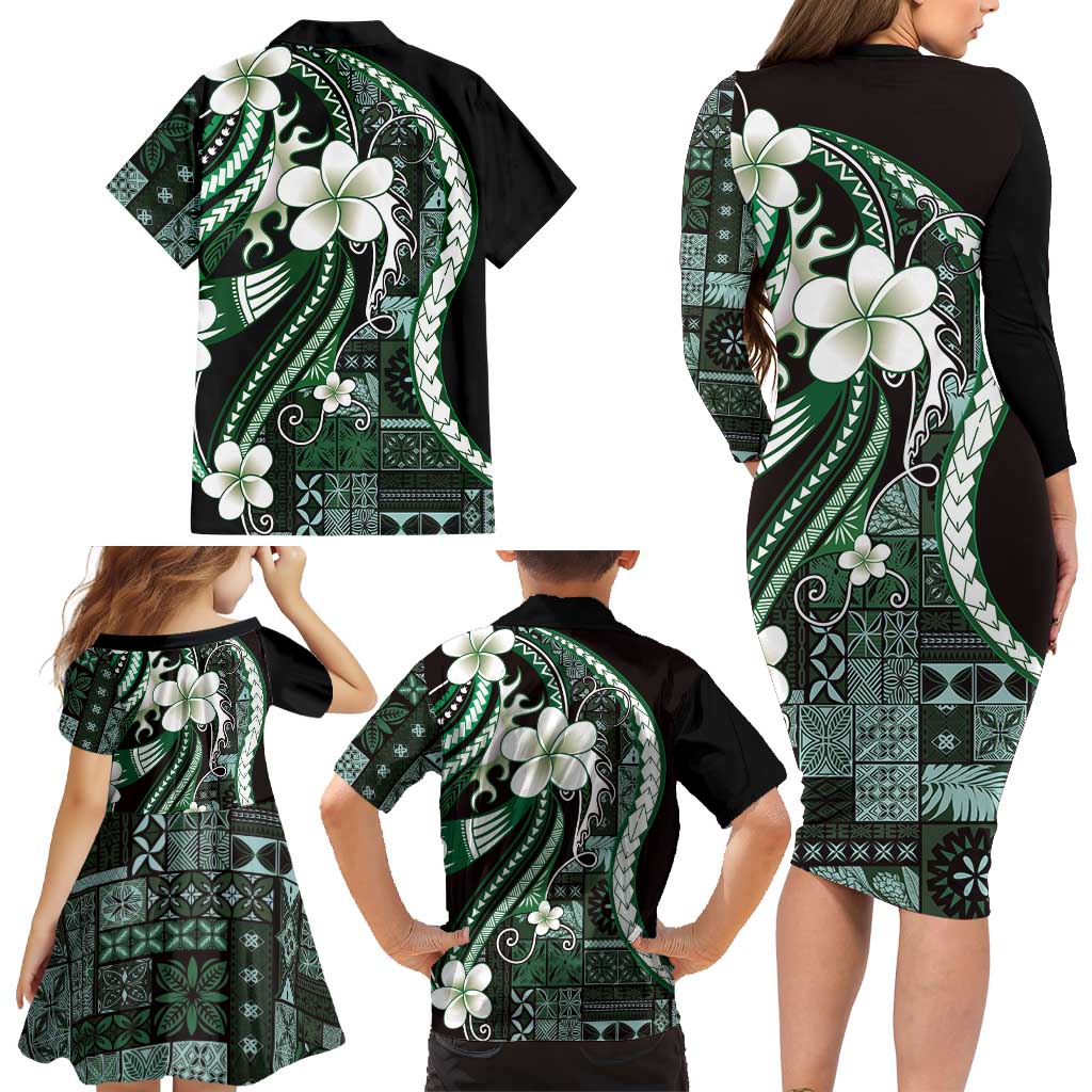 Samoa Siapo Tribal Pattern Family Matching Long Sleeve Bodycon Dress and Hawaiian Shirt Forest Green Polynesian Plumeria Tapa Motif LT9 - Polynesian Pride