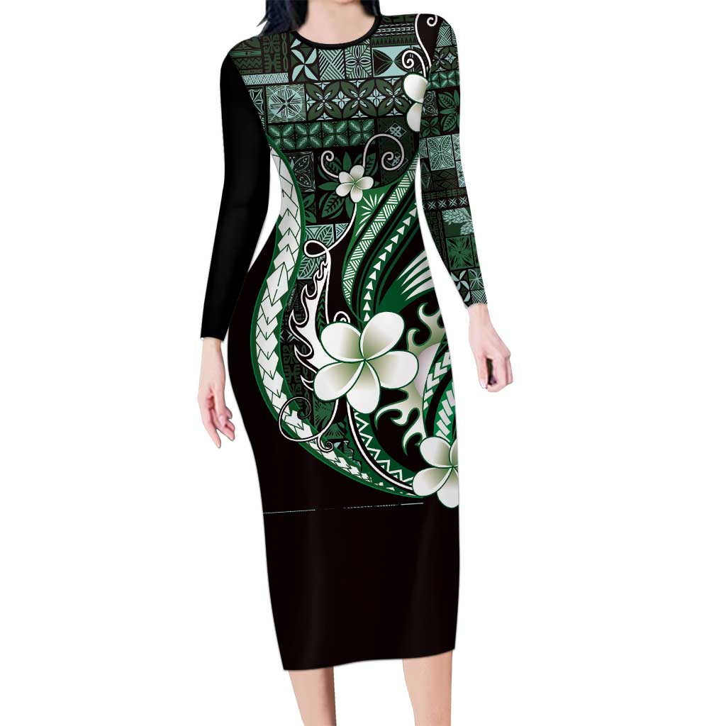 Samoa Siapo Tribal Pattern Family Matching Long Sleeve Bodycon Dress and Hawaiian Shirt Forest Green Polynesian Plumeria Tapa Motif LT9 Mom's Dress Green - Polynesian Pride