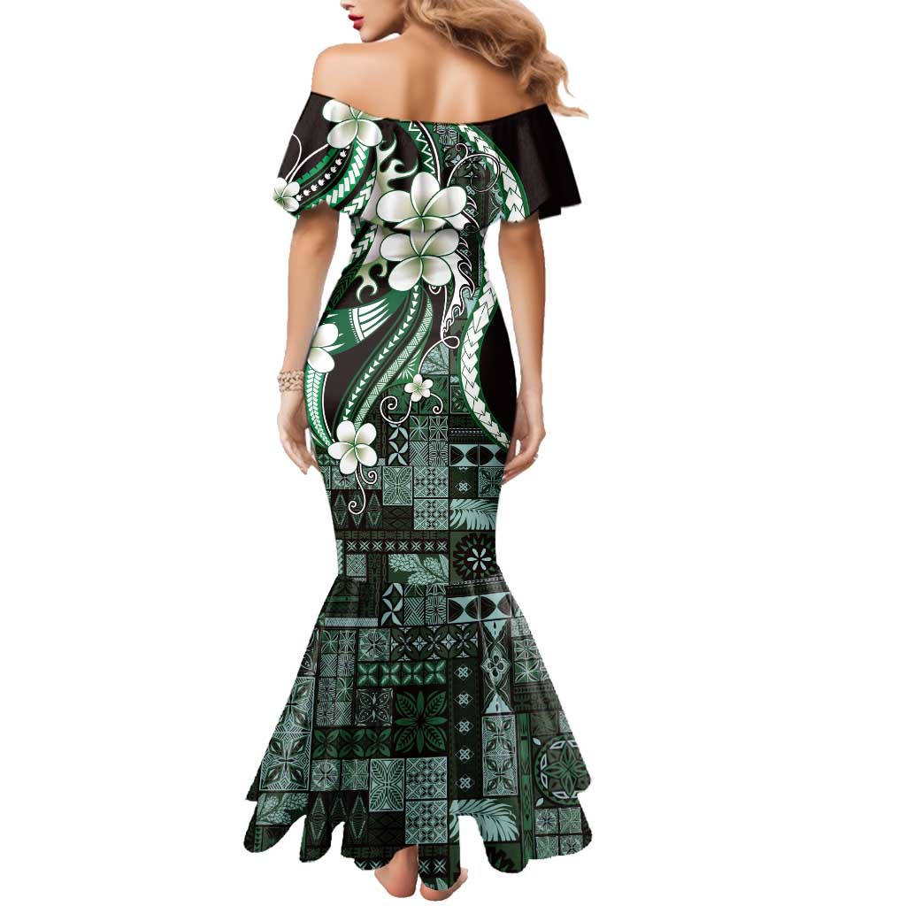 Samoa Siapo Tribal Pattern Family Matching Mermaid Dress and Hawaiian Shirt Forest Green Polynesian Plumeria Tapa Motif LT9 - Polynesian Pride