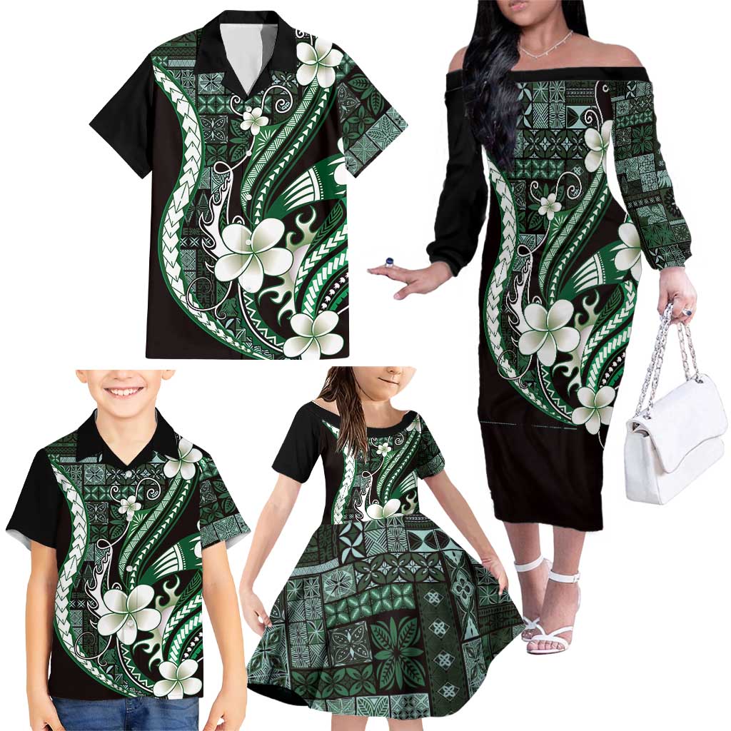 Samoa Siapo Tribal Pattern Family Matching Off The Shoulder Long Sleeve Dress and Hawaiian Shirt Forest Green Polynesian Plumeria Tapa Motif LT9 - Polynesian Pride