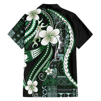 Samoa Siapo Tribal Pattern Family Matching Off The Shoulder Long Sleeve Dress and Hawaiian Shirt Forest Green Polynesian Plumeria Tapa Motif LT9 - Polynesian Pride