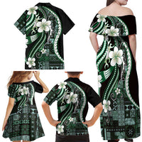 Samoa Siapo Tribal Pattern Family Matching Off Shoulder Maxi Dress and Hawaiian Shirt Forest Green Polynesian Plumeria Tapa Motif LT9 - Polynesian Pride