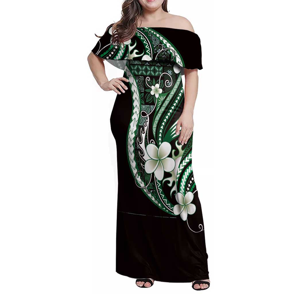 Samoa Siapo Tribal Pattern Family Matching Off Shoulder Maxi Dress and Hawaiian Shirt Forest Green Polynesian Plumeria Tapa Motif LT9 Mom's Dress Green - Polynesian Pride
