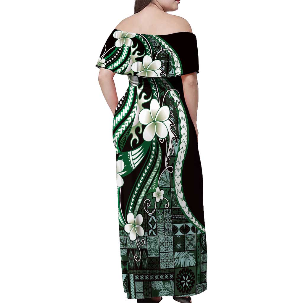 Samoa Siapo Tribal Pattern Family Matching Off Shoulder Maxi Dress and Hawaiian Shirt Forest Green Polynesian Plumeria Tapa Motif LT9 - Polynesian Pride