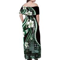 Samoa Siapo Tribal Pattern Family Matching Off Shoulder Maxi Dress and Hawaiian Shirt Forest Green Polynesian Plumeria Tapa Motif LT9 - Polynesian Pride