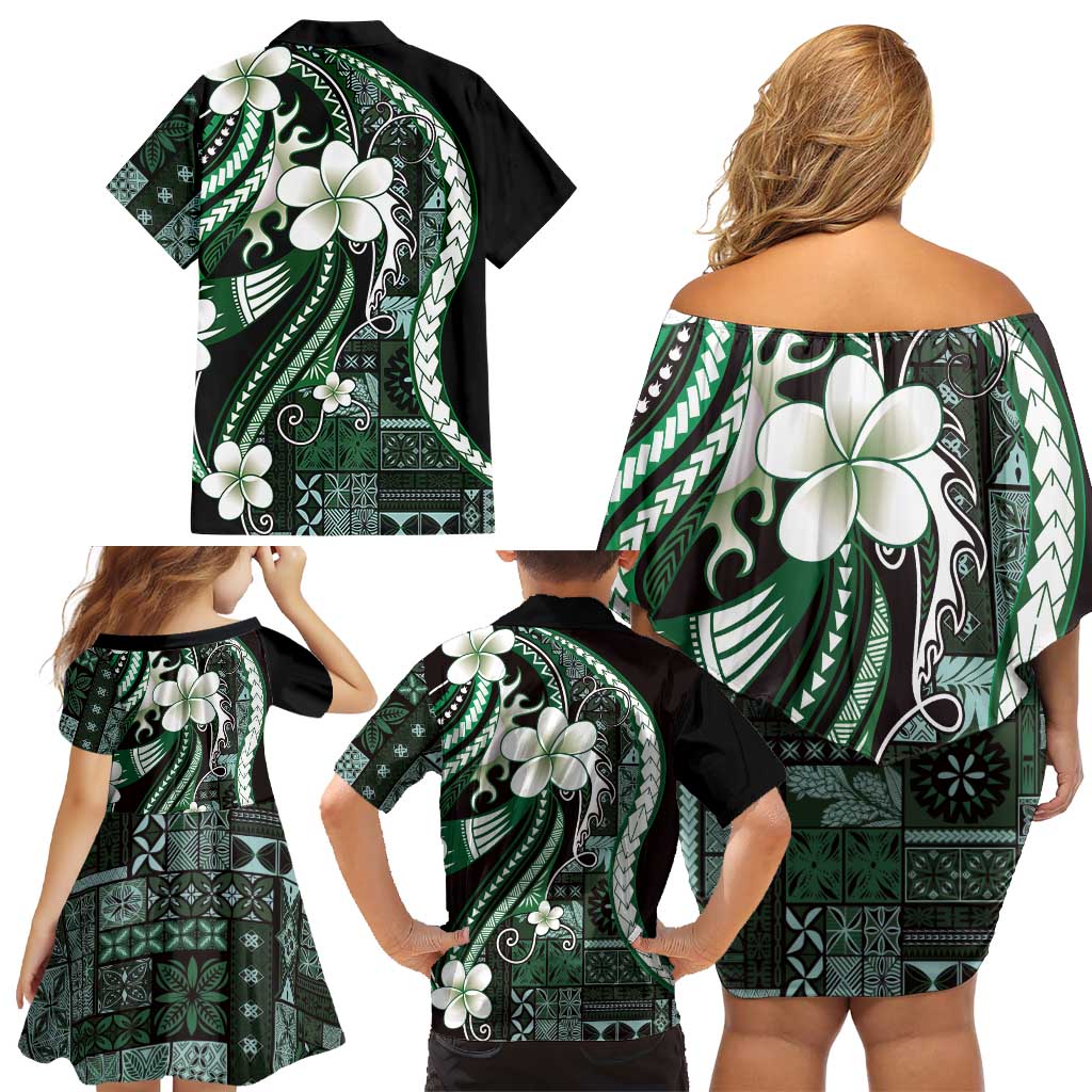 Samoa Siapo Tribal Pattern Family Matching Off Shoulder Short Dress and Hawaiian Shirt Forest Green Polynesian Plumeria Tapa Motif LT9 - Polynesian Pride