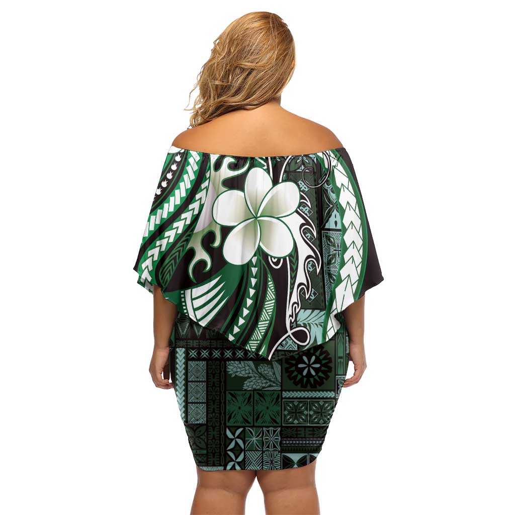 Samoa Siapo Tribal Pattern Family Matching Off Shoulder Short Dress and Hawaiian Shirt Forest Green Polynesian Plumeria Tapa Motif LT9 - Polynesian Pride