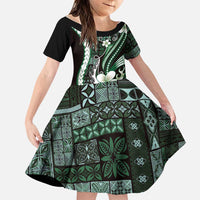 Samoa Siapo Tribal Pattern Family Matching Summer Maxi Dress and Hawaiian Shirt Forest Green Polynesian Plumeria Tapa Motif LT9 Daughter's Dress Green - Polynesian Pride