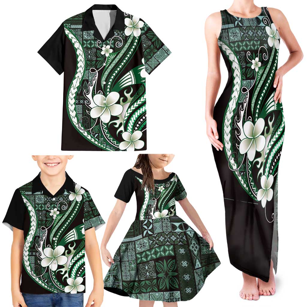 Samoa Siapo Tribal Pattern Family Matching Tank Maxi Dress and Hawaiian Shirt Forest Green Polynesian Plumeria Tapa Motif