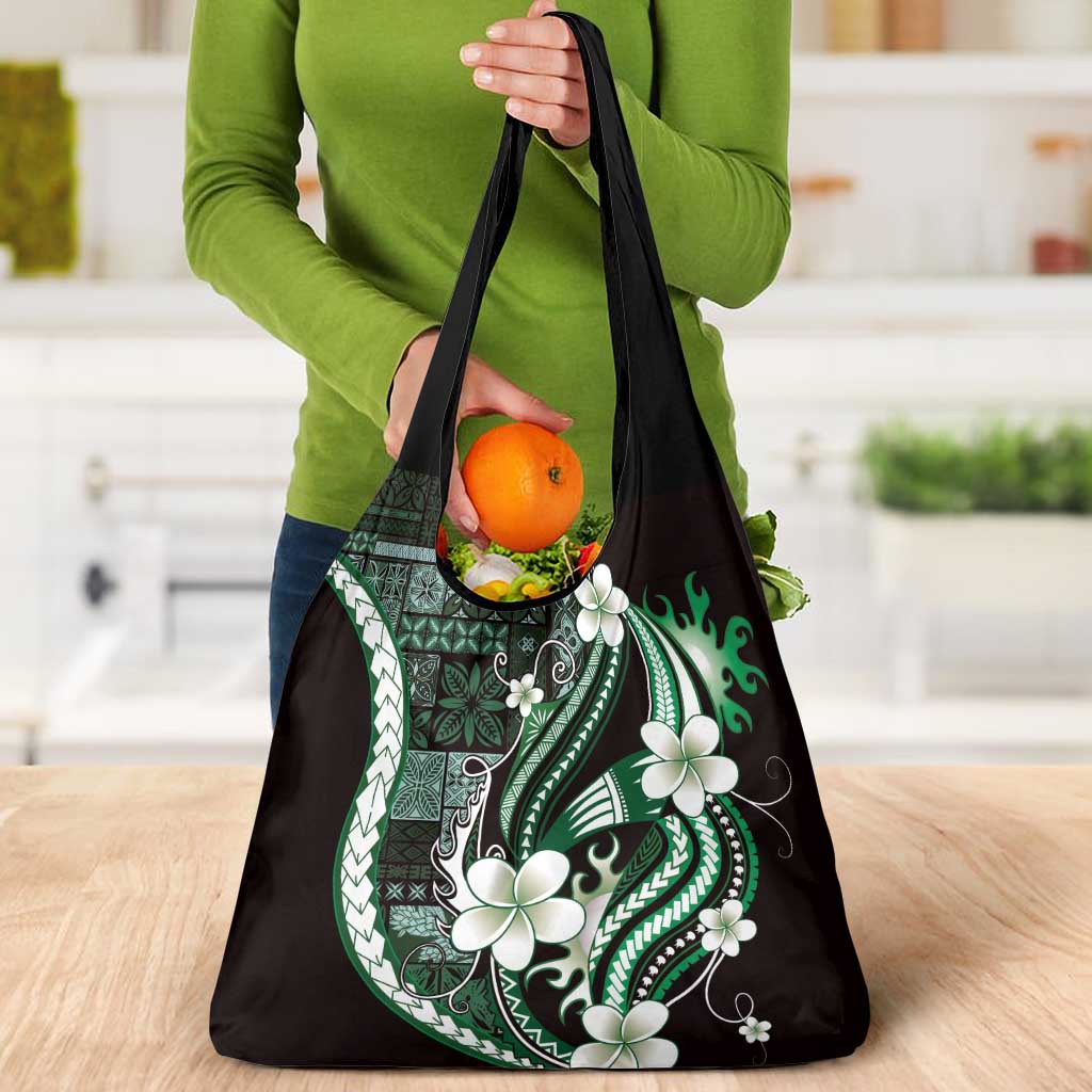 Samoa Siapo Tribal Pattern Grocery Bag Forest Green Polynesian Plumeria Tapa Motif