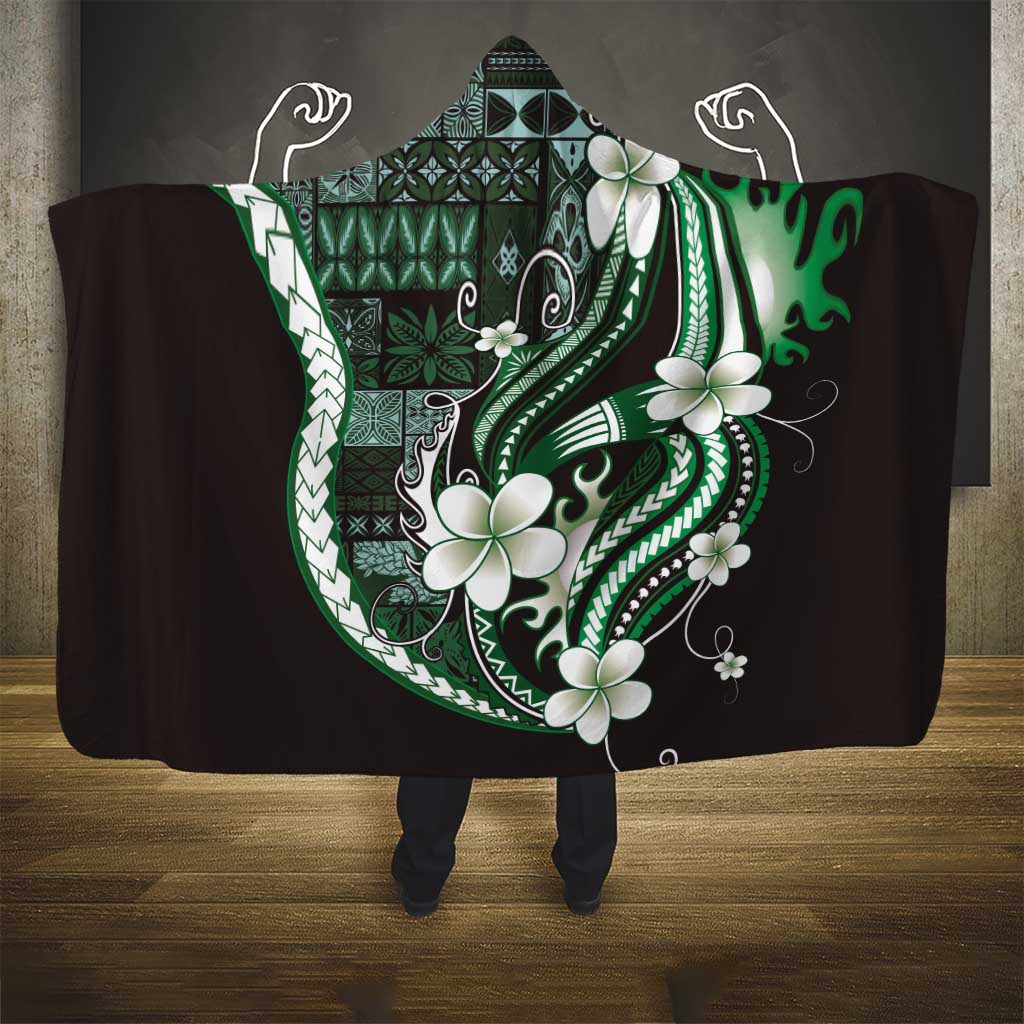 Samoa Siapo Tribal Pattern Hooded Blanket Forest Green Polynesian Plumeria Tapa Motif