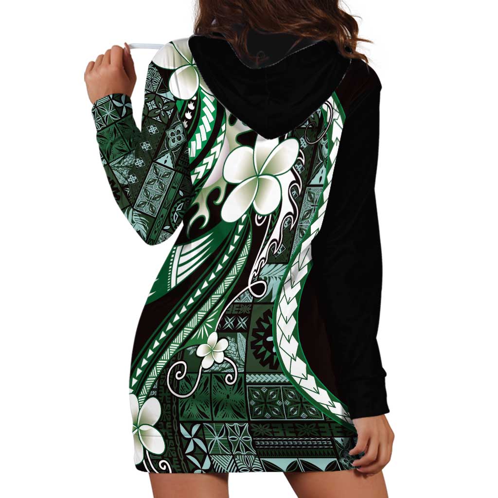 Samoa Siapo Tribal Pattern Hoodie Dress Forest Green Polynesian Plumeria Tapa Motif