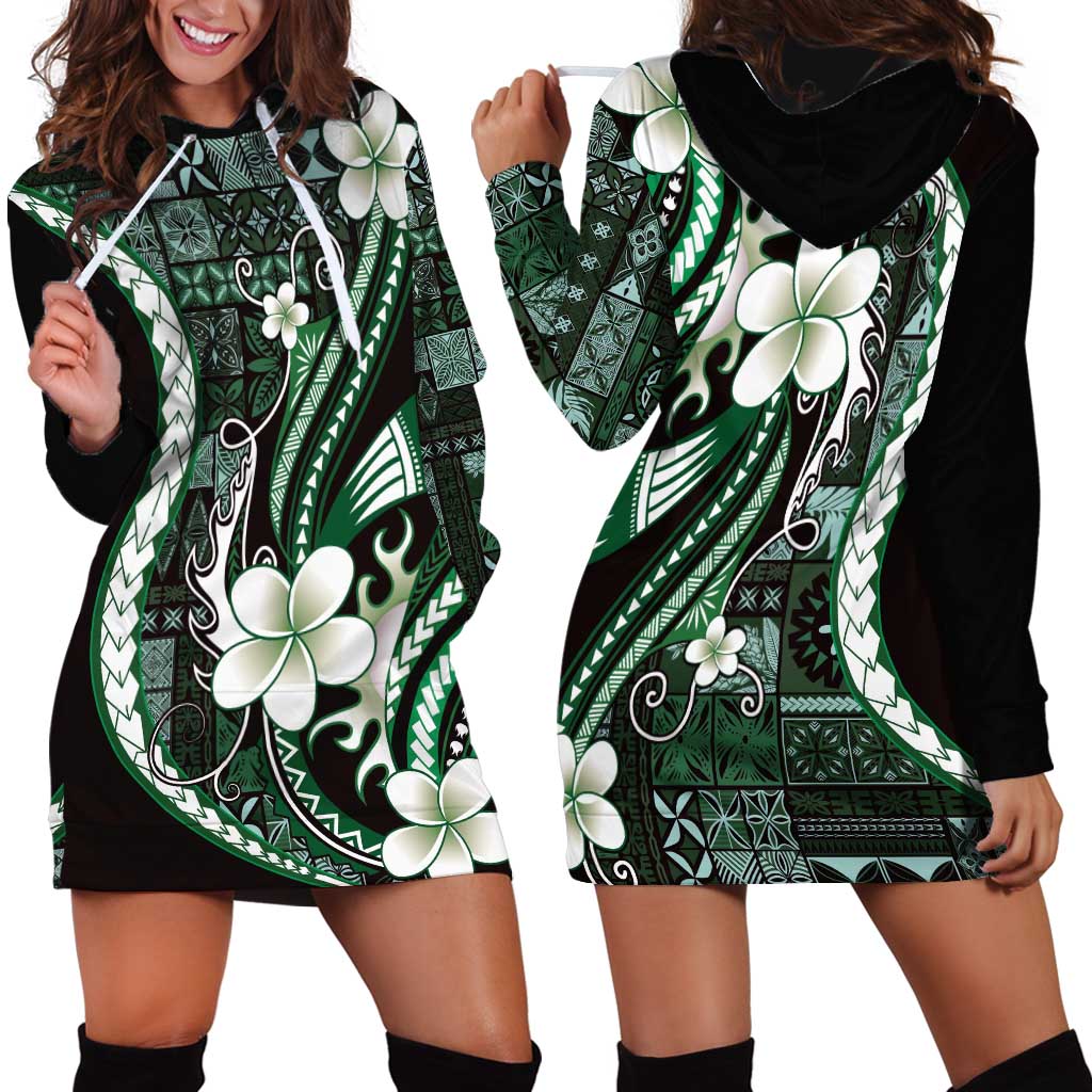 Samoa Siapo Tribal Pattern Hoodie Dress Forest Green Polynesian Plumeria Tapa Motif