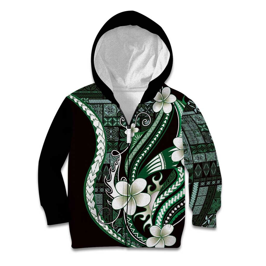 Samoa Siapo Tribal Pattern Kid Hoodie Forest Green Polynesian Plumeria Tapa Motif