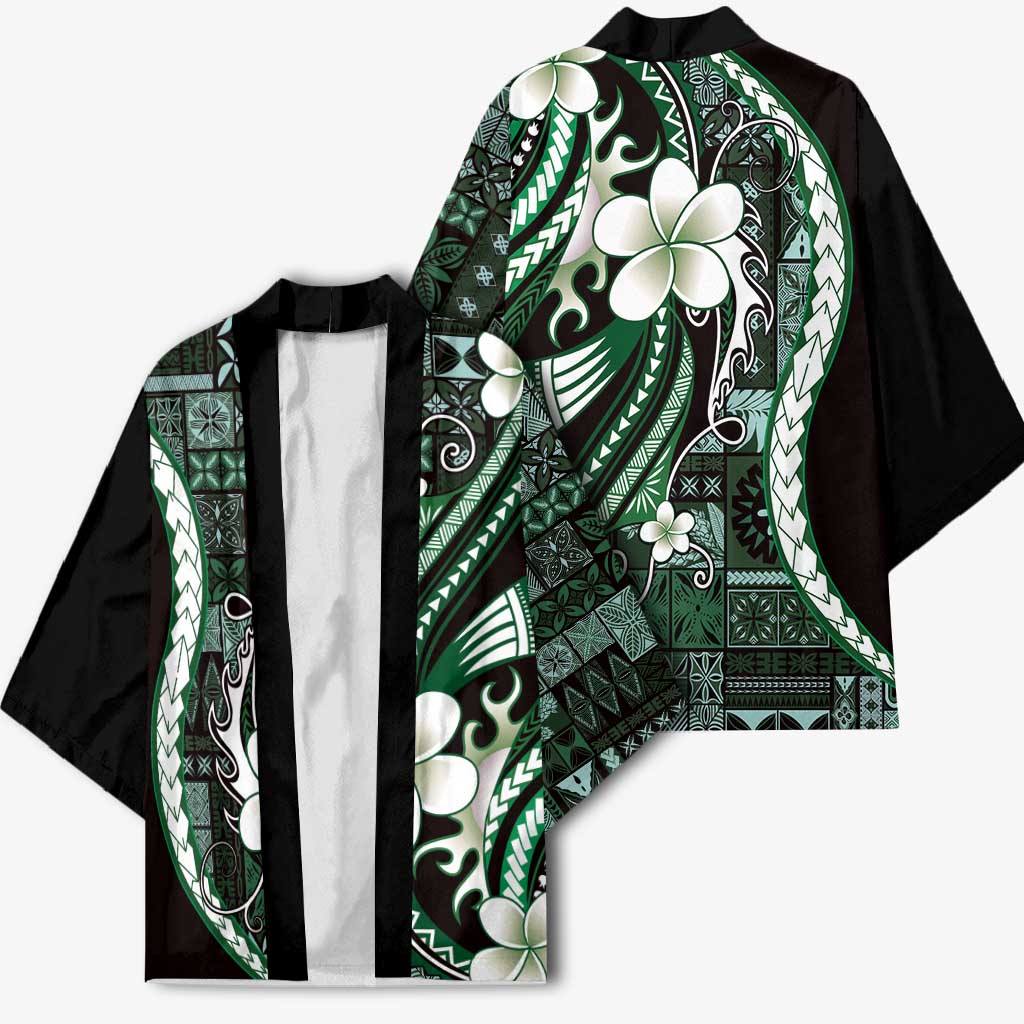 Samoa Siapo Tribal Pattern Kimono Forest Green Polynesian Plumeria Tapa Motif
