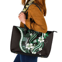 Samoa Siapo Tribal Pattern Leather Tote Bag Forest Green Polynesian Plumeria Tapa Motif