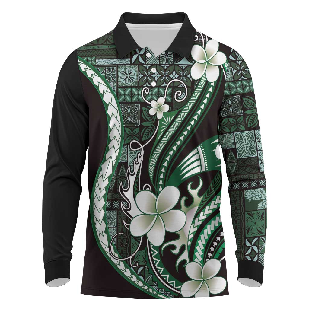 Samoa Siapo Tribal Pattern Long Sleeve Polo Shirt Forest Green Polynesian Plumeria Tapa Motif