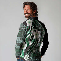 Samoa Siapo Tribal Pattern Long Sleeve Polo Shirt Forest Green Polynesian Plumeria Tapa Motif