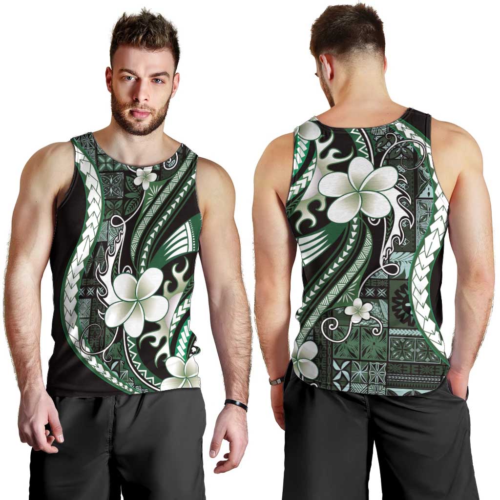Samoa Siapo Tribal Pattern Men Tank Top Forest Green Polynesian Plumeria Tapa Motif