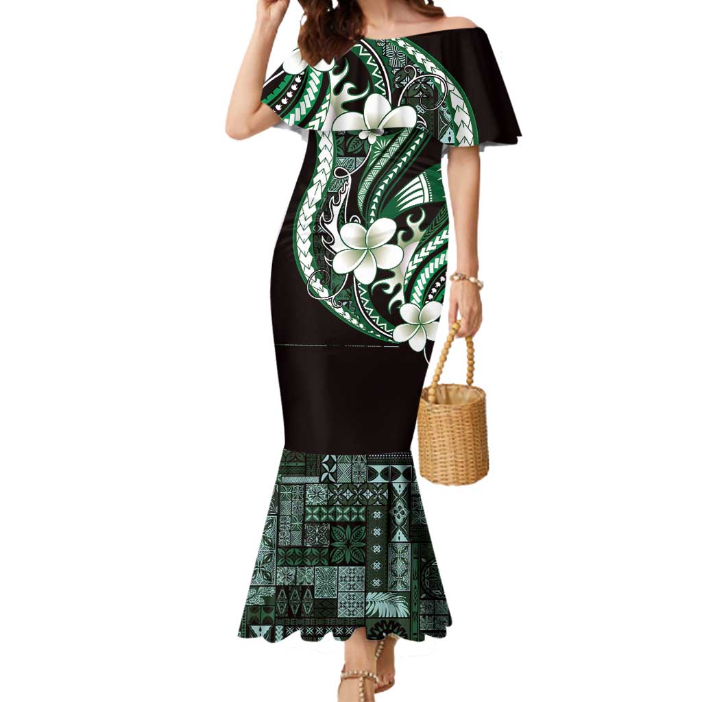 Samoa Siapo Tribal Pattern Mermaid Dress Forest Green Polynesian Plumeria Tapa Motif