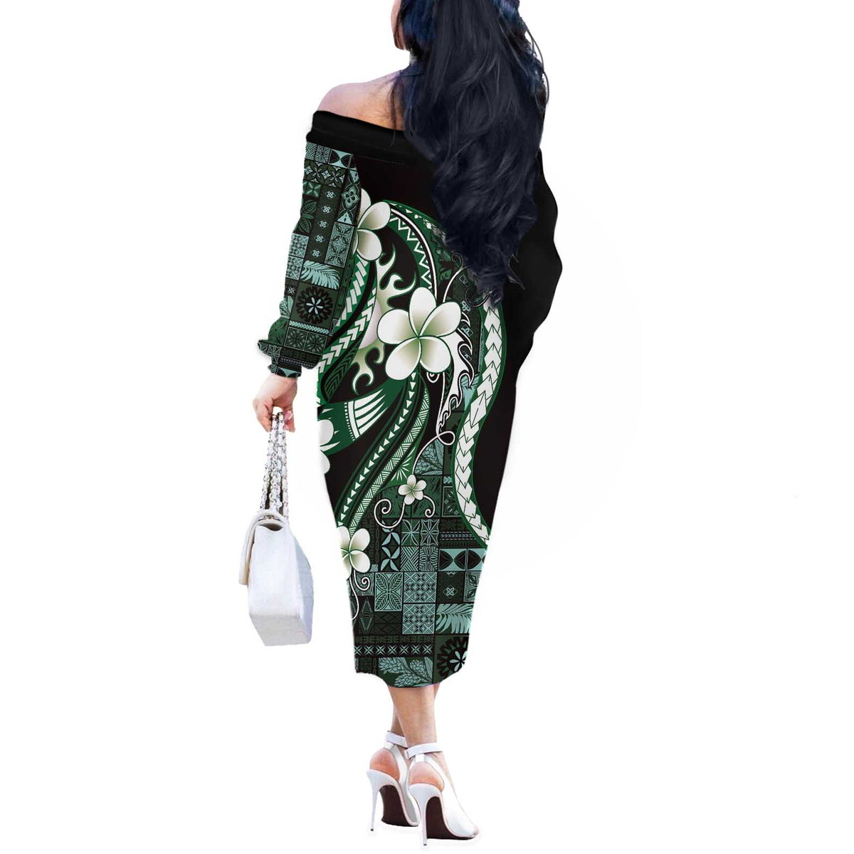 Samoa Siapo Tribal Pattern Off The Shoulder Long Sleeve Dress Forest Green Polynesian Plumeria Tapa Motif