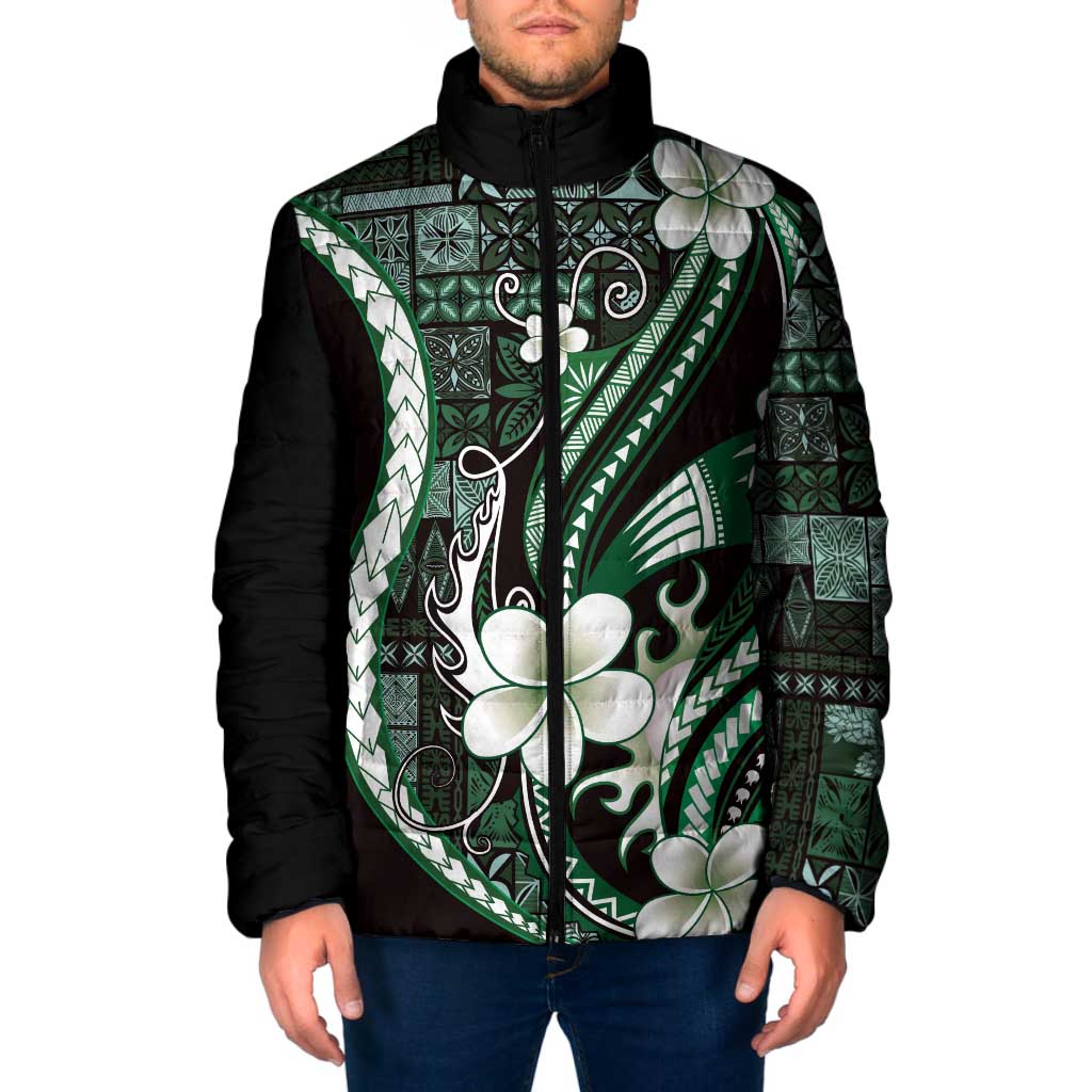 Samoa Siapo Tribal Pattern Padded Jacket Forest Green Polynesian Plumeria Tapa Motif