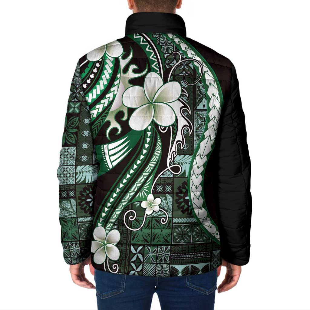 Samoa Siapo Tribal Pattern Padded Jacket Forest Green Polynesian Plumeria Tapa Motif
