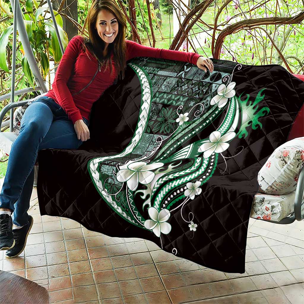 Samoa Siapo Tribal Pattern Quilt Forest Green Polynesian Plumeria Tapa Motif