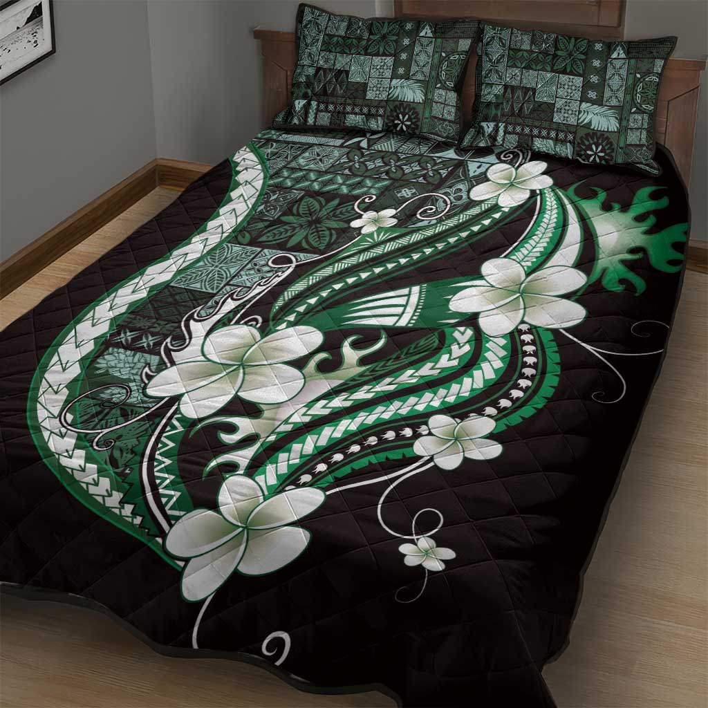 Samoa Siapo Tribal Pattern Quilt Bed Set Forest Green Polynesian Plumeria Tapa Motif