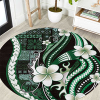 Samoa Siapo Tribal Pattern Round Carpet Forest Green Polynesian Plumeria Tapa Motif