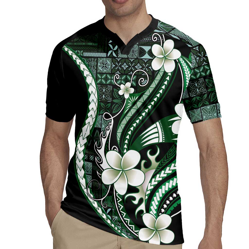 Samoa Siapo Tribal Pattern Rugby Jersey Forest Green Polynesian Plumeria Tapa Motif