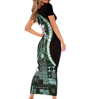 Samoa Siapo Tribal Pattern Short Sleeve Bodycon Dress Forest Green Polynesian Plumeria Tapa Motif