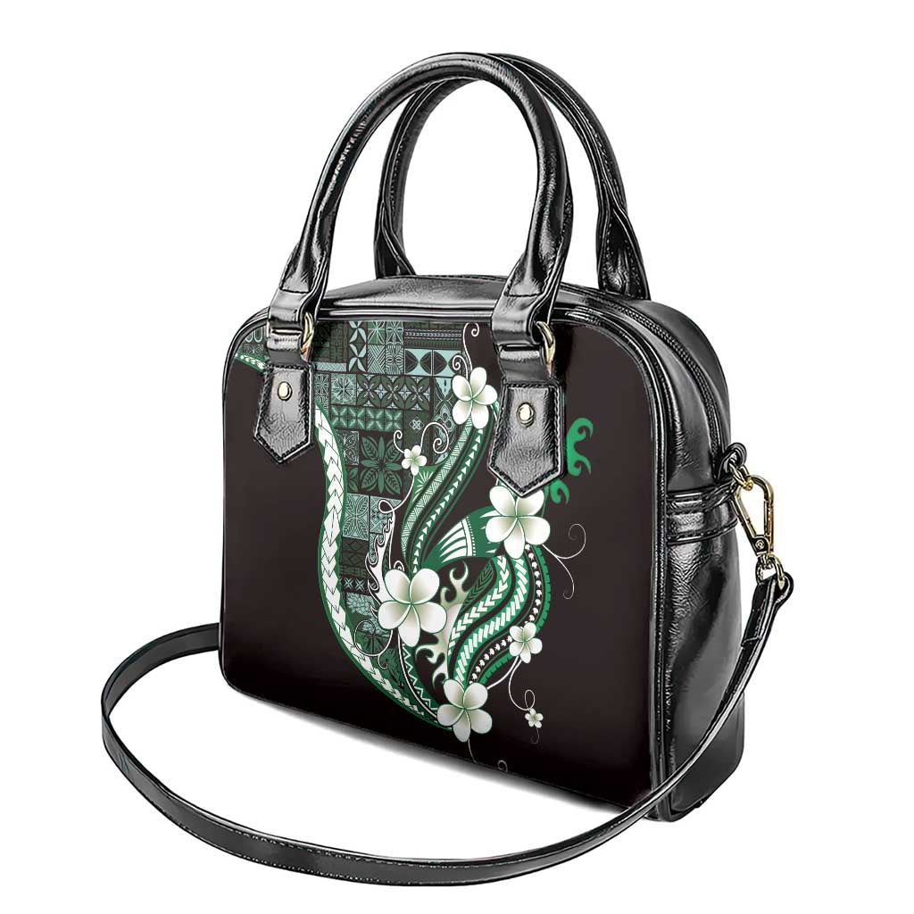 Samoa Siapo Tribal Pattern Shoulder Handbag Forest Green Polynesian Plumeria Tapa Motif
