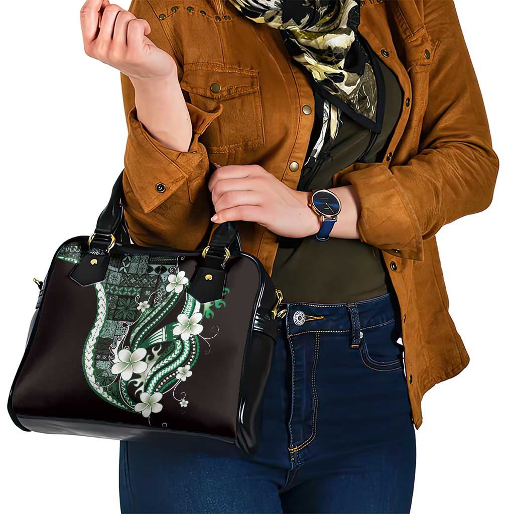 Samoa Siapo Tribal Pattern Shoulder Handbag Forest Green Polynesian Plumeria Tapa Motif