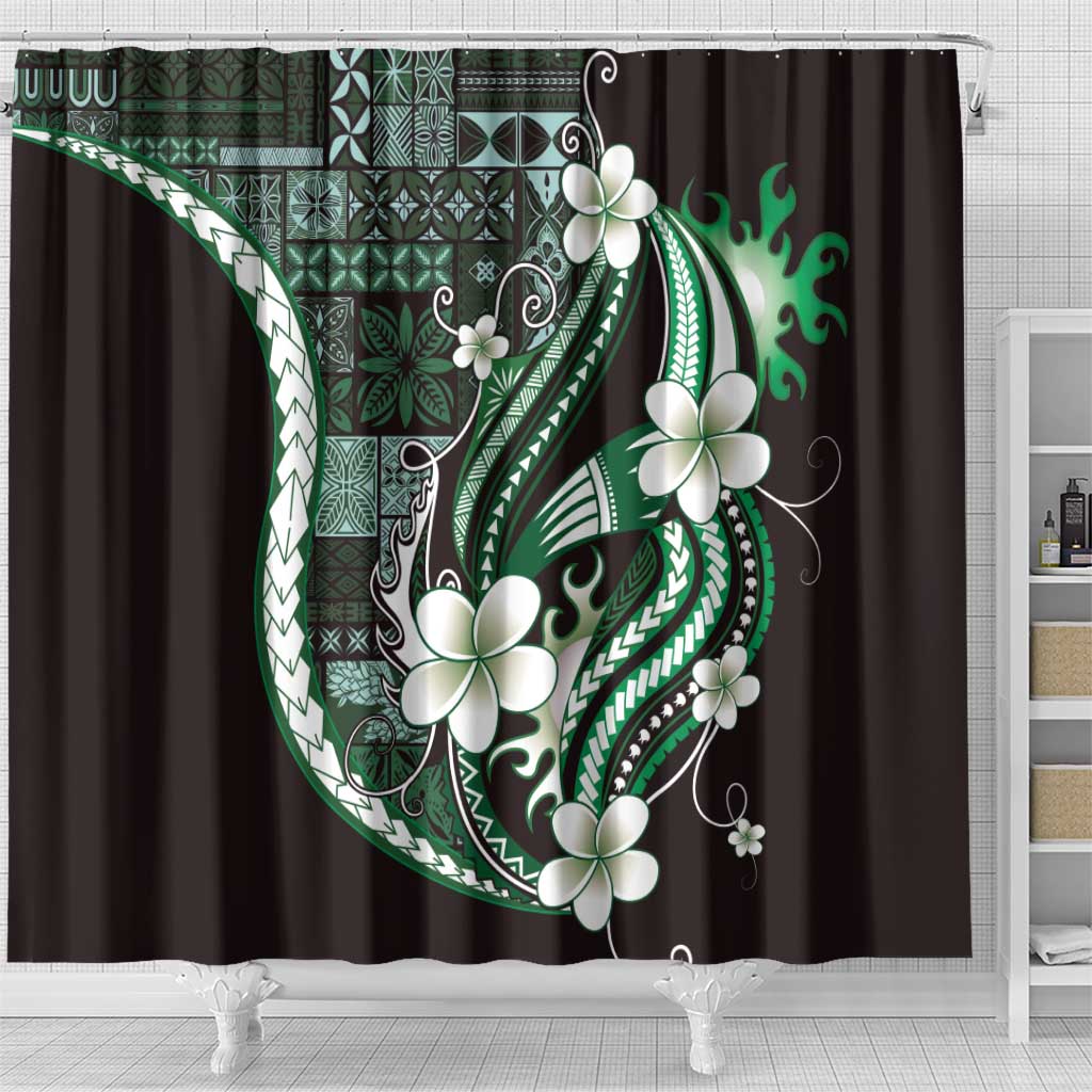Samoa Siapo Tribal Pattern Shower Curtain Forest Green Polynesian Plumeria Tapa Motif