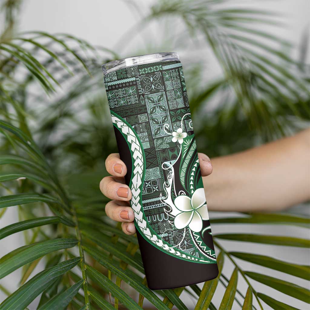 Samoa Siapo Tribal Pattern Skinny Tumbler Forest Green Polynesian Plumeria Tapa Motif