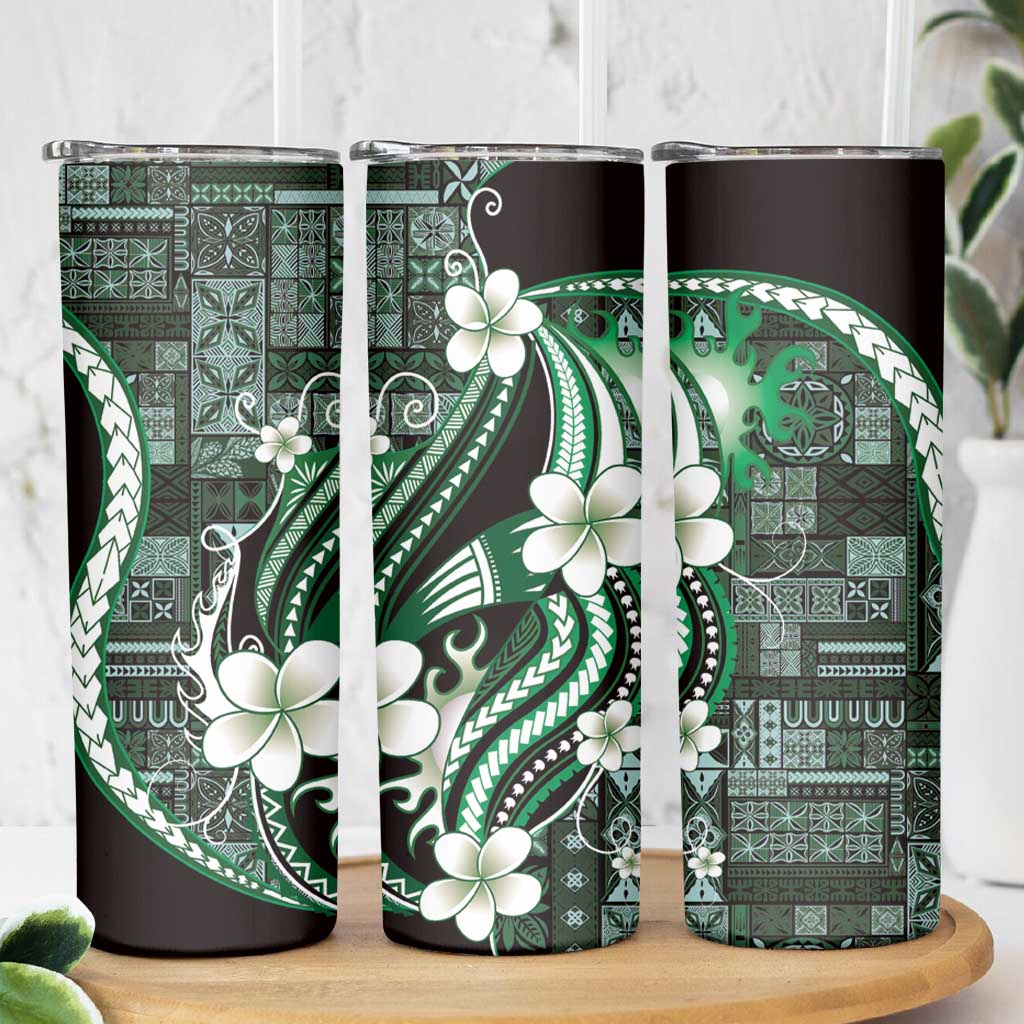 Samoa Siapo Tribal Pattern Skinny Tumbler Forest Green Polynesian Plumeria Tapa Motif