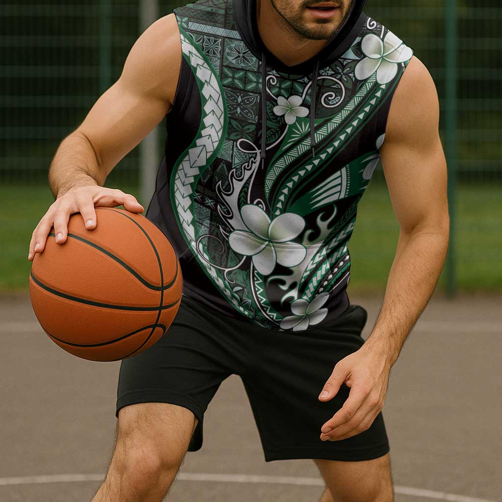 Samoa Siapo Tribal Pattern Sleeveless Hoodie Forest Green Polynesian Plumeria Tapa Motif