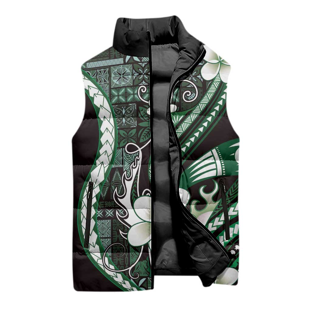 Samoa Siapo Tribal Pattern Sleeveless Puffer Jacket Forest Green Polynesian Plumeria Tapa Motif