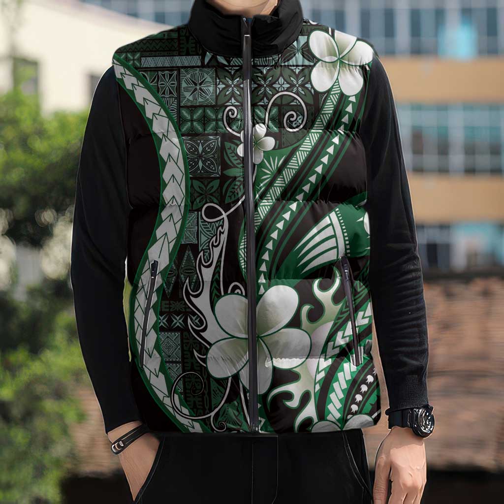 Samoa Siapo Tribal Pattern Sleeveless Puffer Jacket Forest Green Polynesian Plumeria Tapa Motif