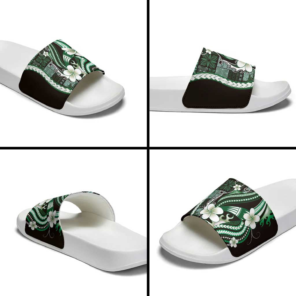 Samoa Siapo Tribal Pattern Slide Sandals Forest Green Polynesian Plumeria Tapa Motif