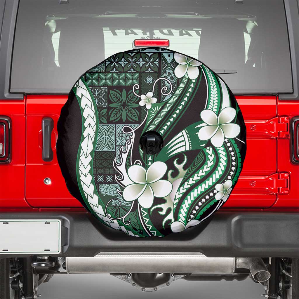 Samoa Siapo Tribal Pattern Spare Tire Cover Forest Green Polynesian Plumeria Tapa Motif